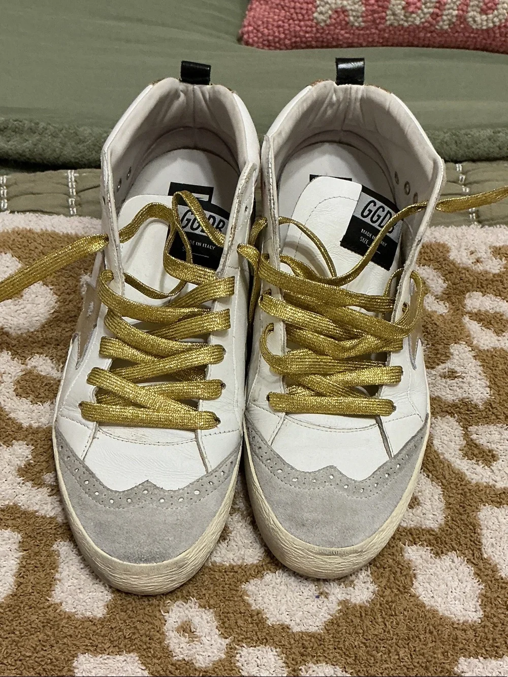 Golden Goose White Sneakers with Gold Laces and Pink Heel Accent
